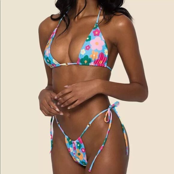 NEW! Y2K Retro Floral Print Stringy O-Ring Detail Triangle Bikini /5 Styles in 1 - Picture 5 of 14